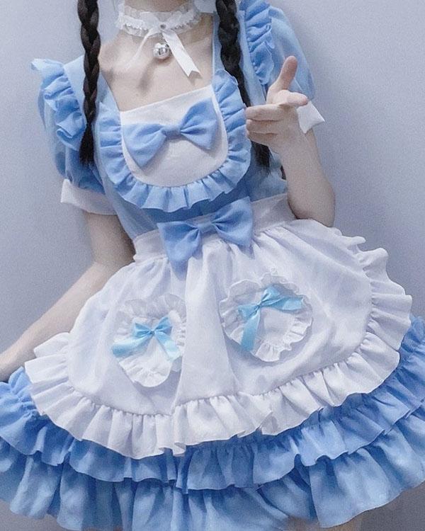 Blue Sweet Lolita Dress Short Sleeve Kawaii Maid Dress with Bows
