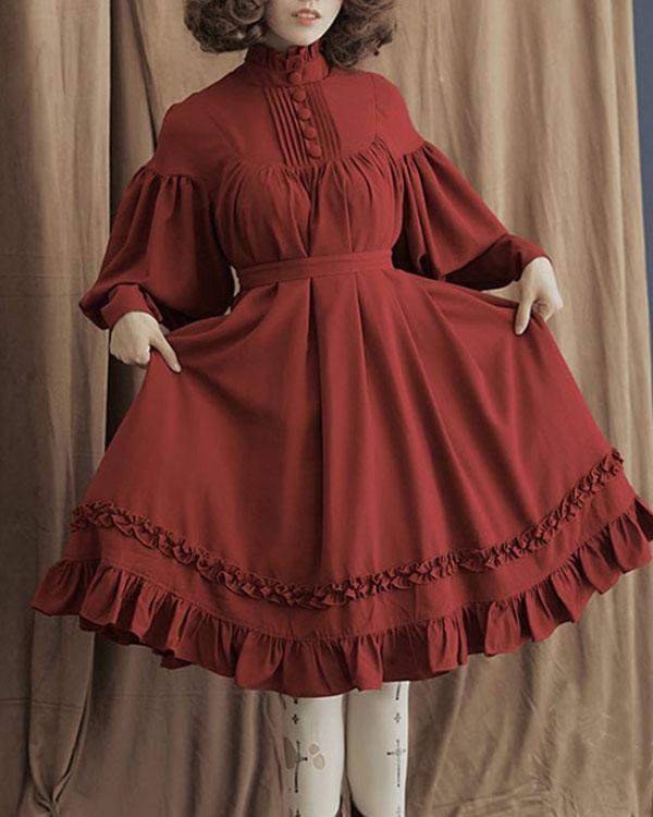Plus Size Retro Cotton Lolita Dress Long Sleeve Elegant Ruffle Dress