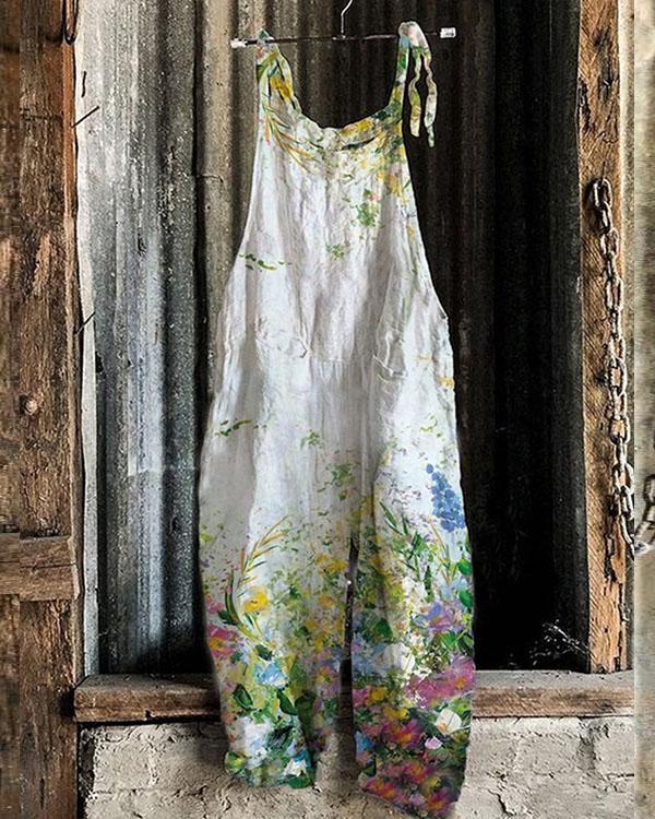 Fashion Oil Painting Style Floral Women Casual Linen Jumpsuits