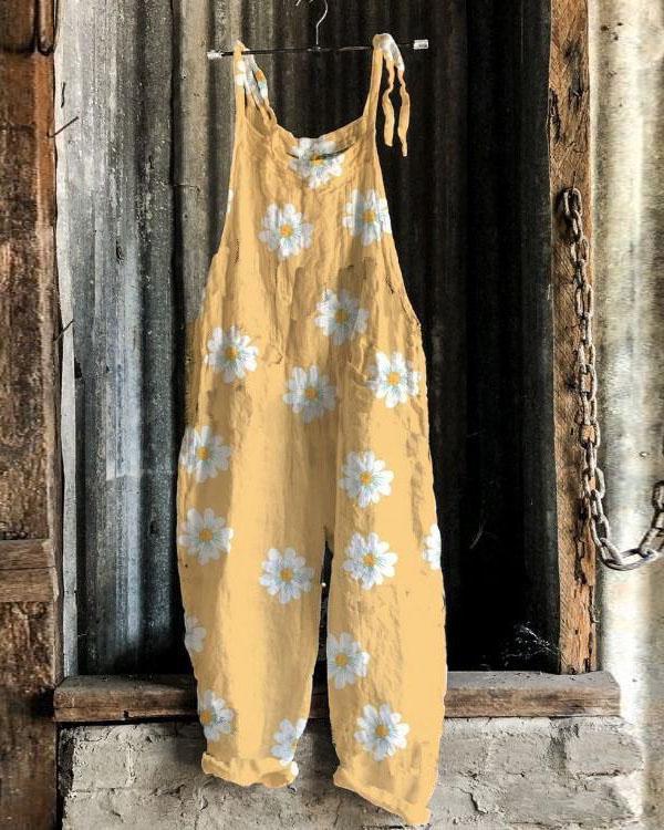 Women Lace up Strap Multiflora Women Linen Jumpsuits