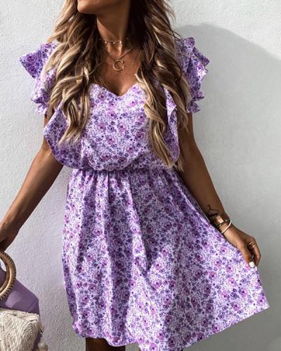 Elegant Lilac V Neck Ruffle Print Dress