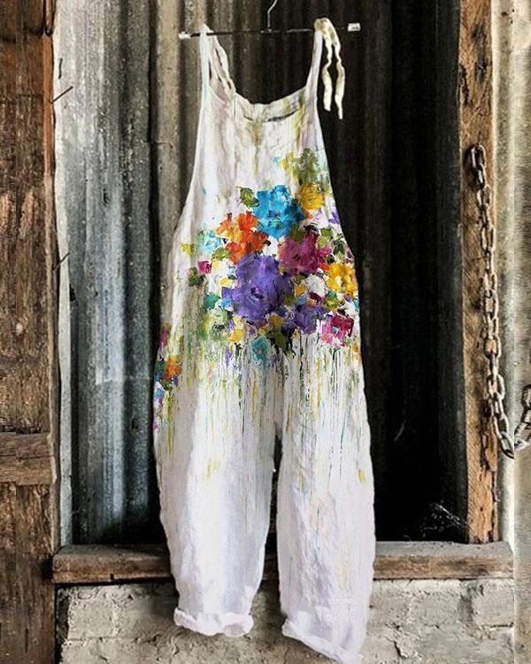 Colorful Flower Print Women Linen Jumpsuits