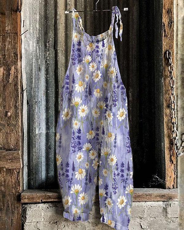 Women Lace up Strap Multiflora Women Linen Jumpsuits