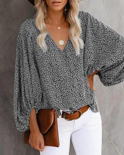 V-neck Printed Lantern Sleeve Shirt