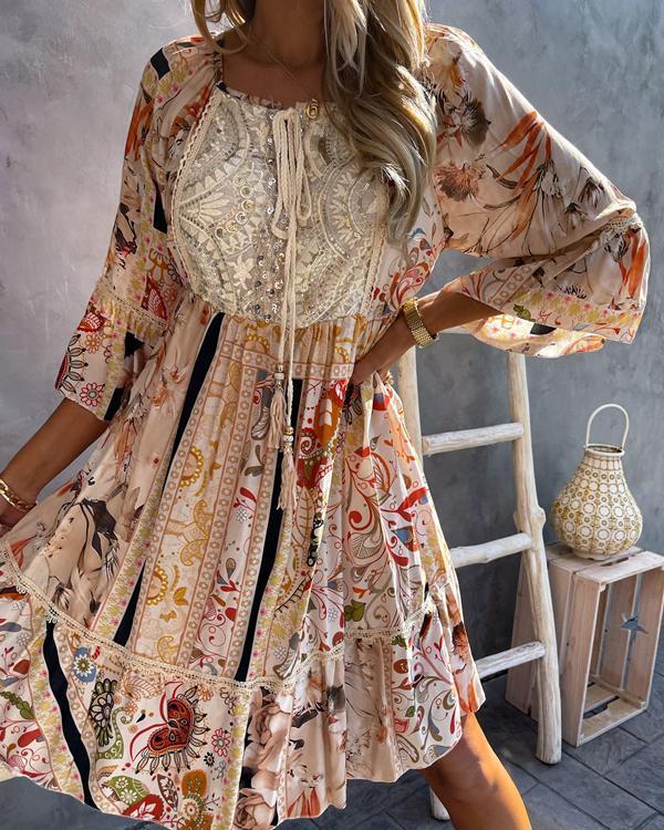 Bohemia Print Lace Mini Dress