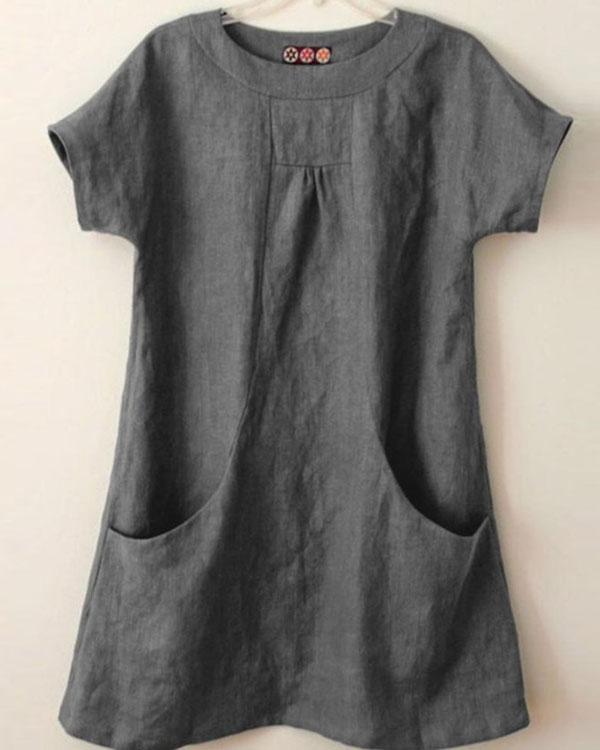 Round Neck Big Pockets Linen Short