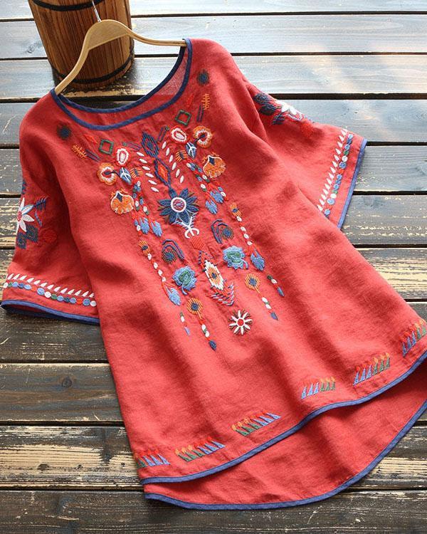 Round Neck Linen Embroidered Top