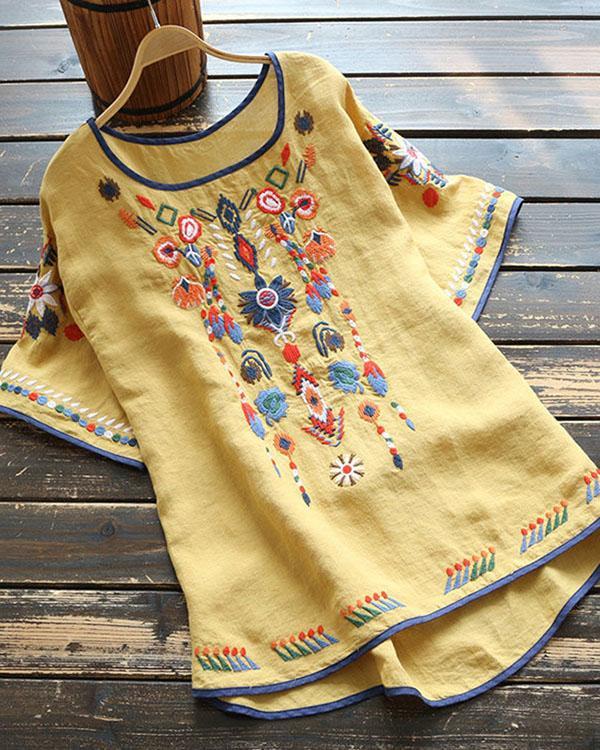 Round Neck Linen Embroidered Top