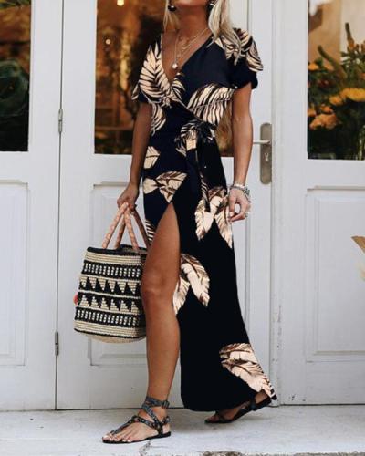 Print Short Sleevelss Wrap Maxi Dress