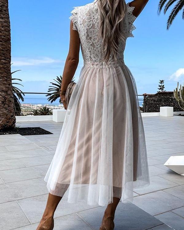 Mesh Lace Patchwork High Collar Sleeveless Dress