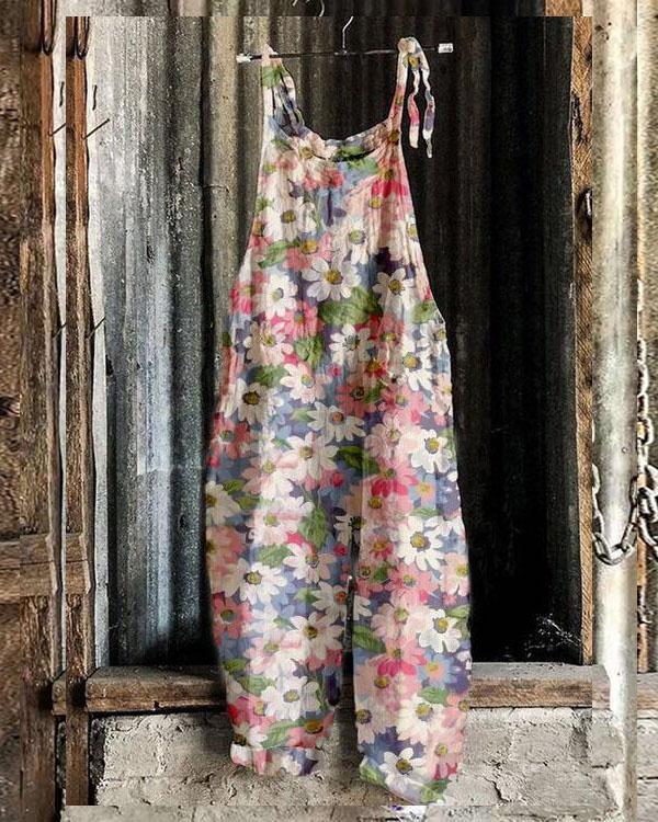 Women Pink Multifloral Comfy Linen Jumpsuits