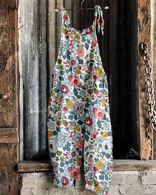 Fashion Blue Flower Print Linen Jumpsuits