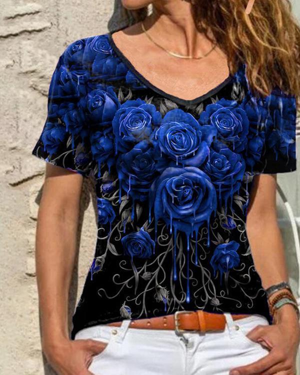 Rose Printed V-neck Lace Trim Casual T-shirt Top