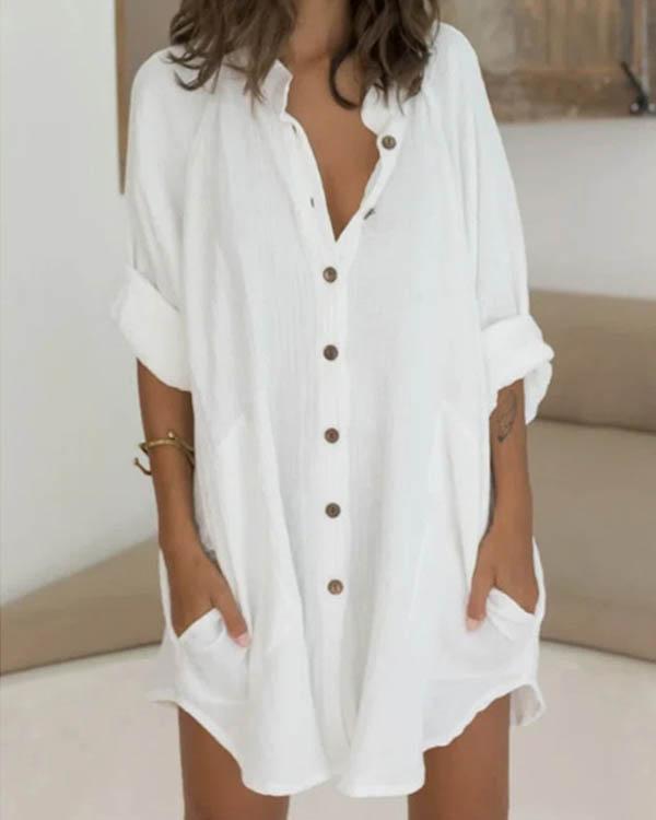 Linen Cotton Loose Button Down Shirt Dress Beach Cover Ups