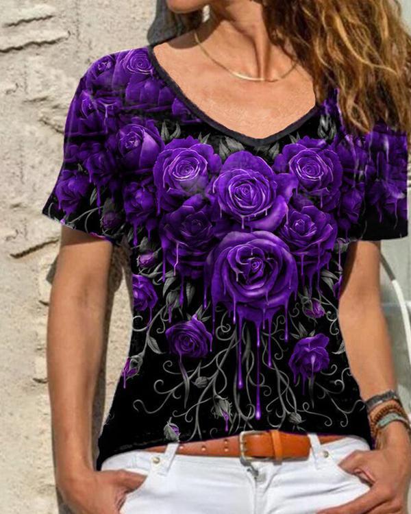 Rose Printed V-neck Lace Trim Casual T-shirt Top