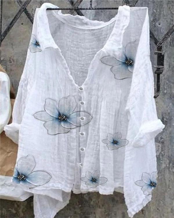 Women's Casual Oversize Floral Line Cotton Shirt&Blouse