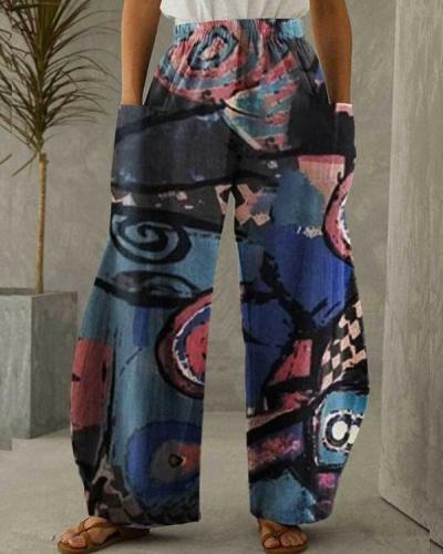 Women Cotton Linen Pocket Abstract Art Printing Pants