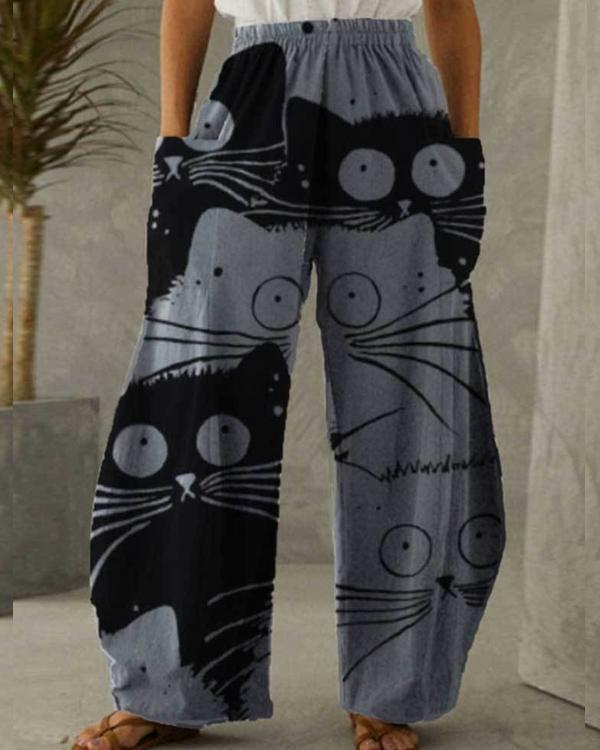 Women Cotton Linen Pocket Cat Printing Pants