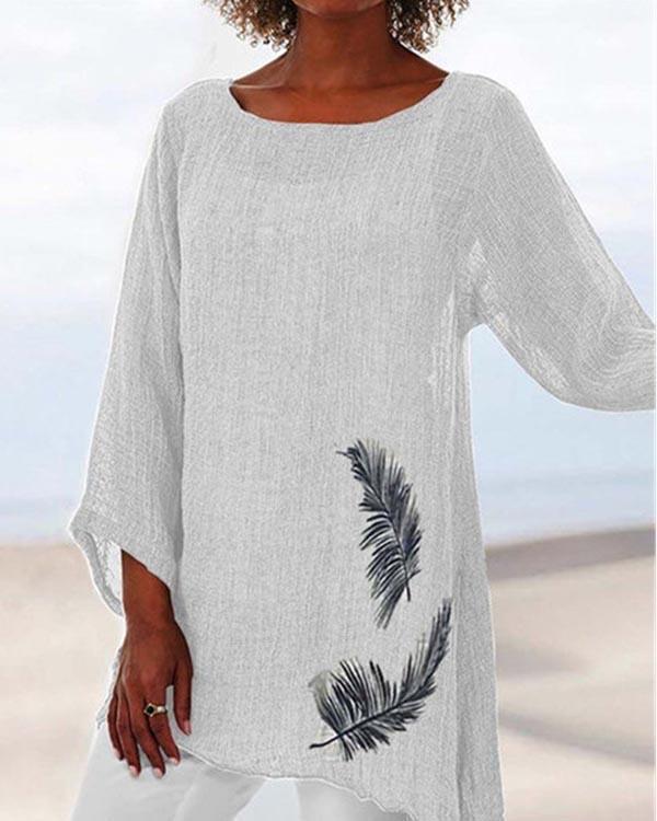 Feather Print Round Neck Long Sleeve Top