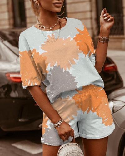 Casual Printed Round Neck Short Sleeve & Shorts Two-Piece Set