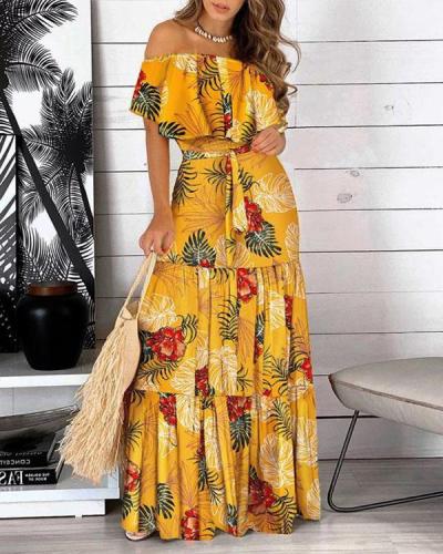 Women Off Shoulder Butterfly Sleeves Print Maxi Dresses