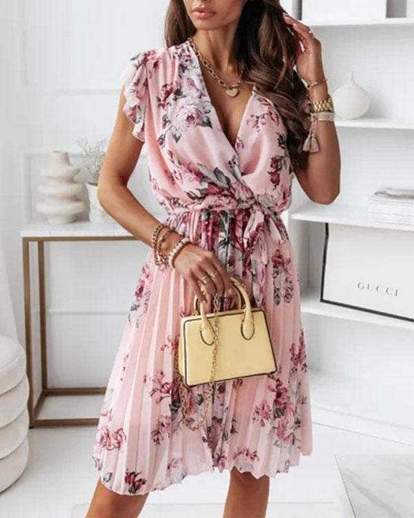 Sexy Flower Print Mini Dress Chiffon Lace up Pleated Dress