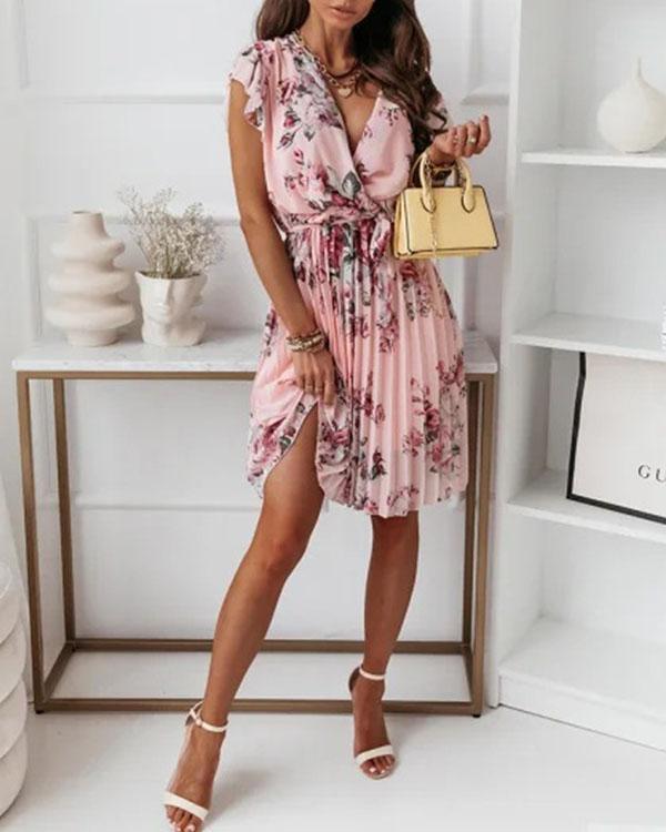 Sexy Flower Print Mini Dress Chiffon Lace up Pleated Dress