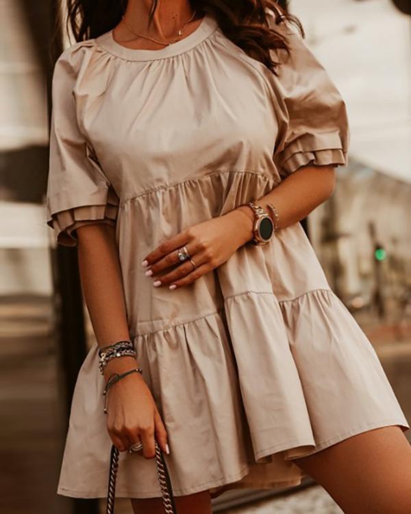 Solid Color Round Neck Puff Sleeve Dress