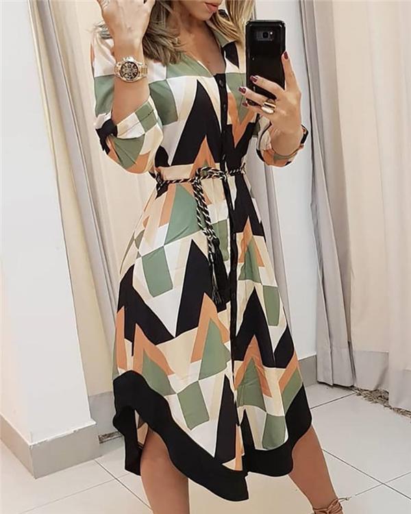 Colorblocked Geo Print Asymmetrical Shirt Dress