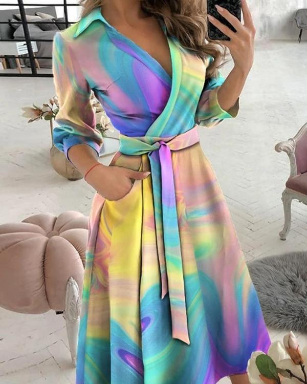 Elegant Tie Dye V Neck 3/4 Sleeve Wrap Midi Dresses