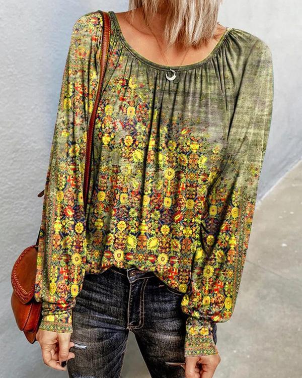 Vintage Print Casual Long-sleeved Tops