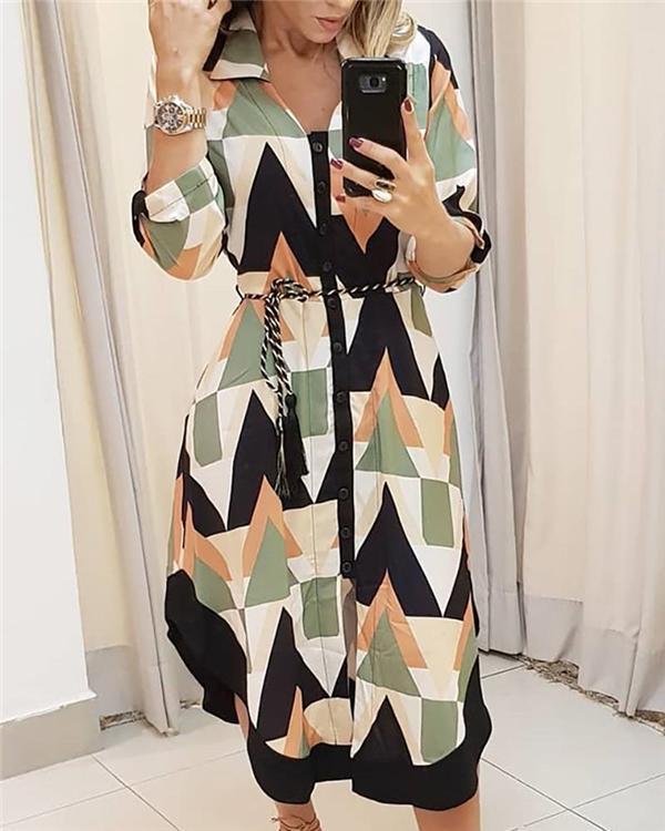 Colorblocked Geo Print Asymmetrical Shirt Dress