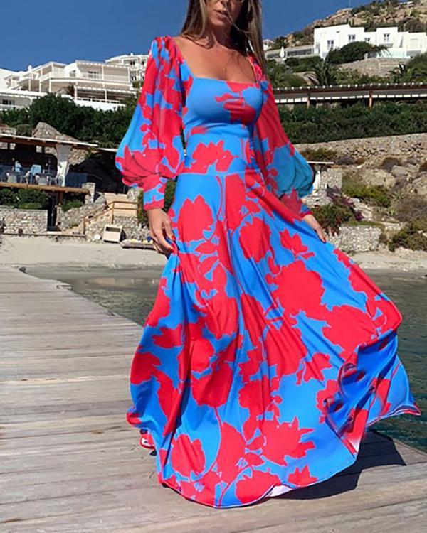 Women Long Sleeve Square-Neck Flowy Bohemian Maxi Dress