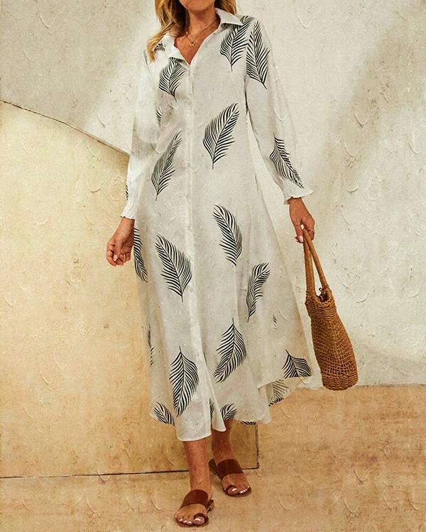 Leaves Print Lapel Button Long Sleeve Maxi Shirt Dress