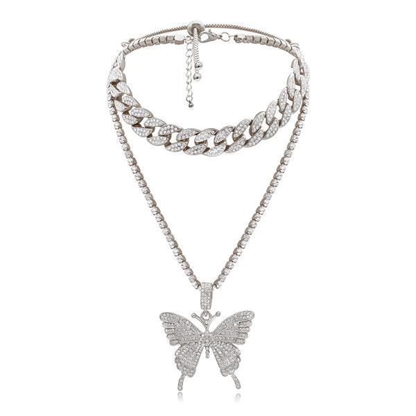 2PCS Butterfly Pendant Studded Charm Necklace