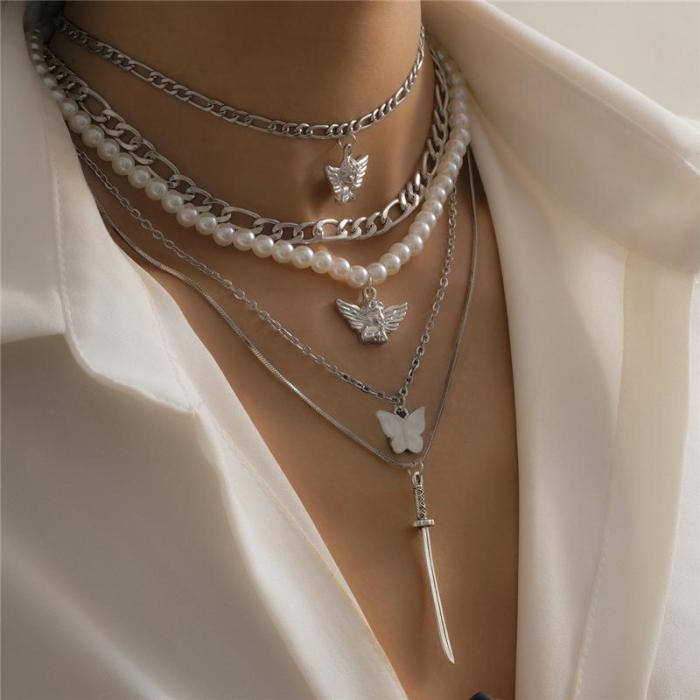 5PCS Butterfly & Angel & Katana Pendant Layered Necklace