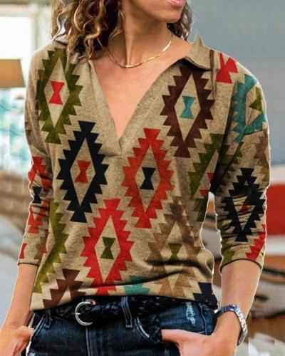 Plus Size Vintage Geometry Print Long Sleeve Tops