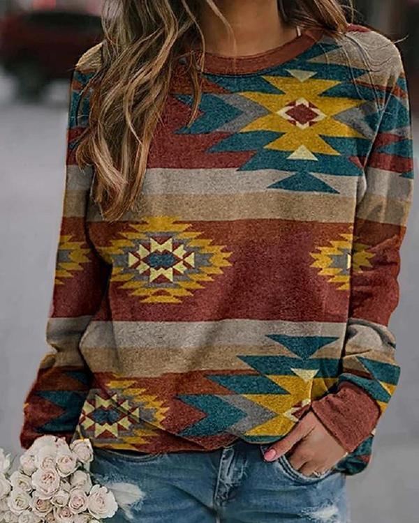 Printed Long Sleeve Crew Neck Top