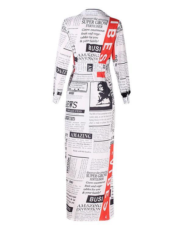 Women Long Sleeve Fashion Graphic Shirt Collar Asymmetric Slit Maxi Dress