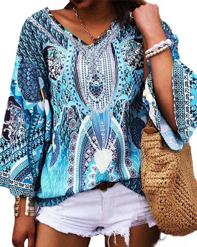 Women's Blue Bohemian Blouse Fashion Long Sleeve Print Tops