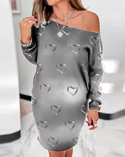 Love Print Round Neck Long Sleeve Loose Dress