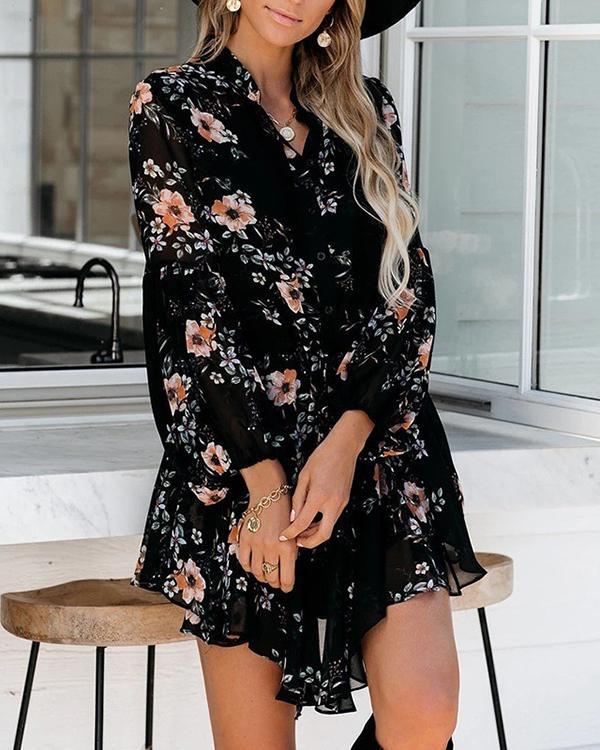 Long Sleeve V-neck Simple Print Dress