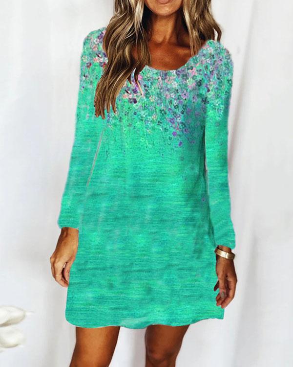 Casual Round Neck Long Sleeve Floral Ombre Dress