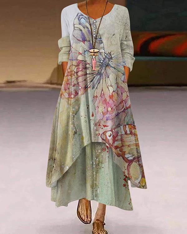 Spring Autumn Button Digital Print 3/4 Sleeve Irregular Maxi Dresses