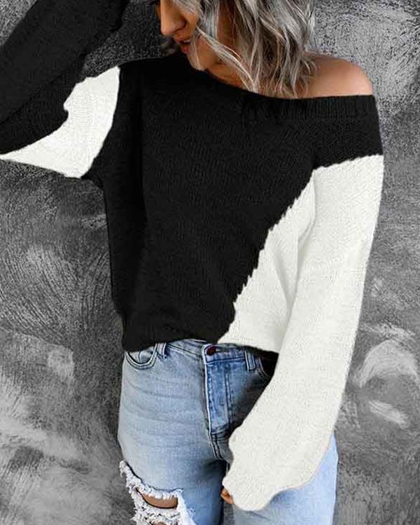 Autumn Knitted Contrast Color Design Pullover Sweater