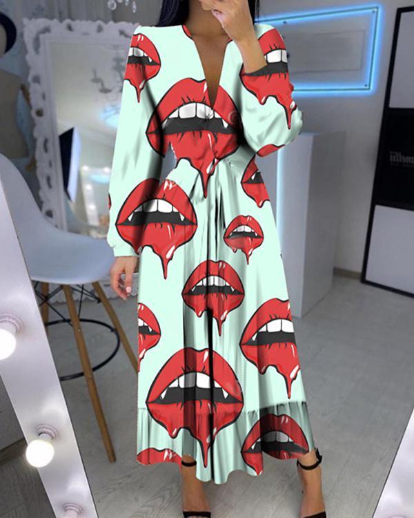 Fashion V-neck Printed Long Sleeve Dress