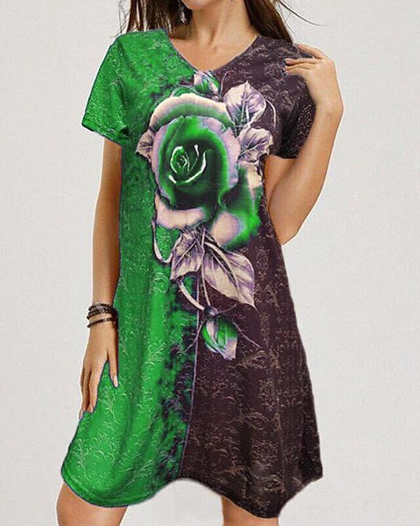 V-neck Loose Rose Print Short Sleeve Dress