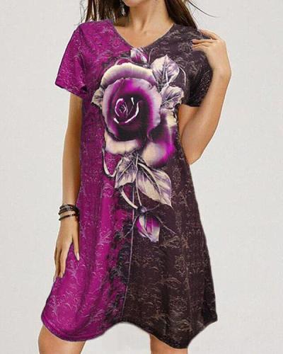 V-neck Loose Rose Print Short Sleeve Dress