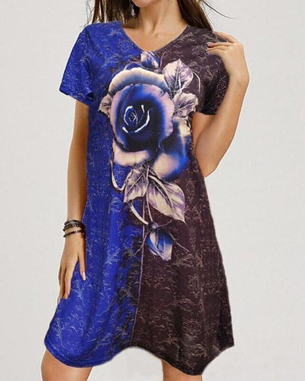 V-neck Loose Rose Print Short Sleeve Dress