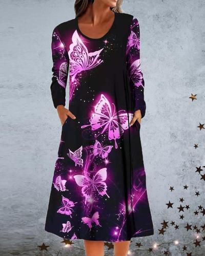 Printed Long Sleeve Pocket A-line Dress